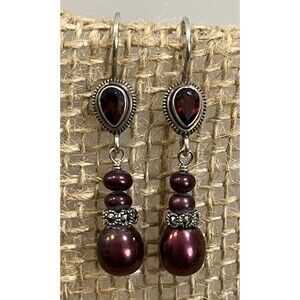 VTG 925 Red Cultured Pearl Garnet Gemstone Dangle Earrings Victorian Goth